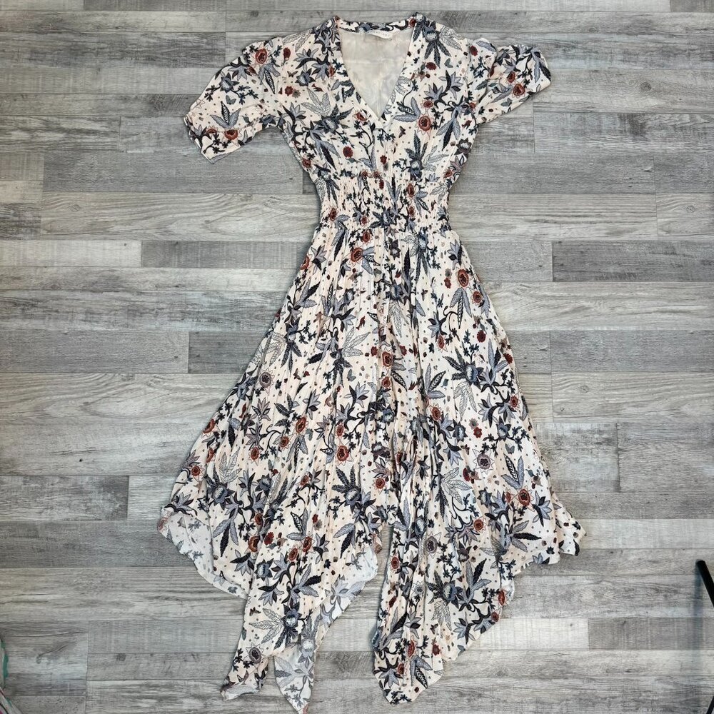 Anthropologie Caballero Floral Asymmetrical Dress Short Sleeve Wedding Guest M18